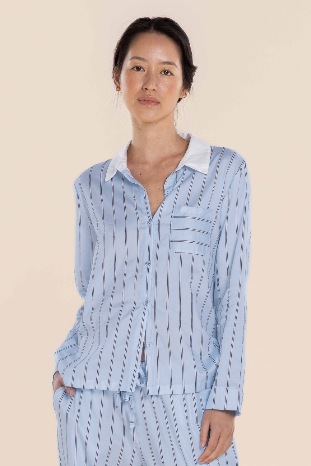Gingerlilly Belinda Cotton Long PJ Set - Blue Stripe - Detail