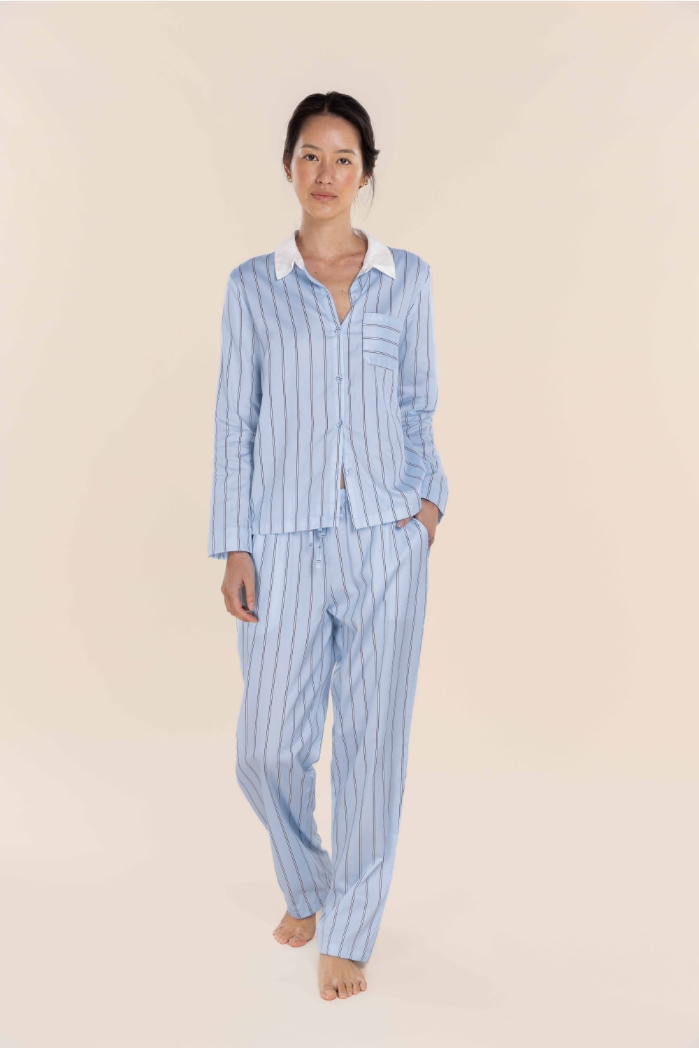 Gingerlilly Belinda Cotton Long PJ Set - Blue Stripe - Front