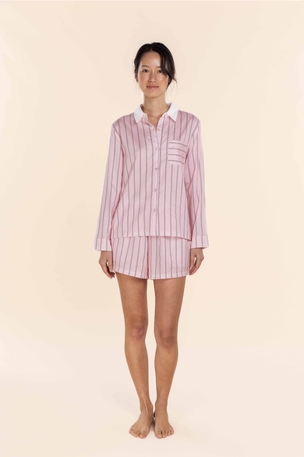 Gingerlilly Birdie Long Sleeve Short Pyjama Set - Pink Stripe - Front alt