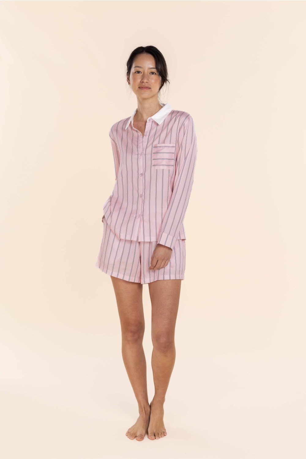 Gingerlilly Birdie Long Sleeve Short Pyjama Set - Pink Stripe - Front