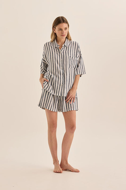 Evie Navy Stripe Linen Short Set - Gingerlilly Sleepwear