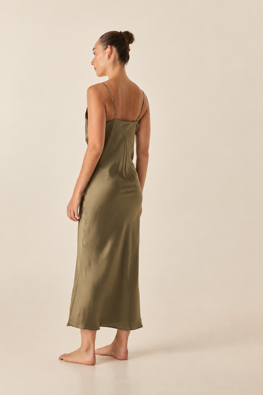 Gingerlilly Fern Olive Silky Satin Long Chemise – back view