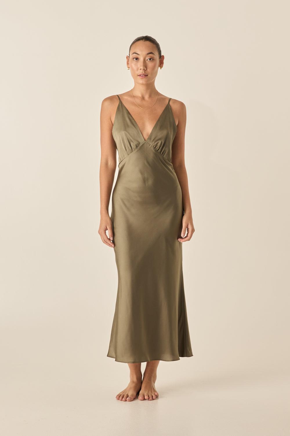 Fern Olive Silky Satin Long Chemise - Gingerlilly Sleepwear