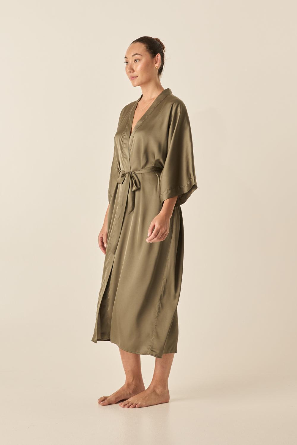 Florence Olive Satin Robe - Gingerlilly Sleepwear