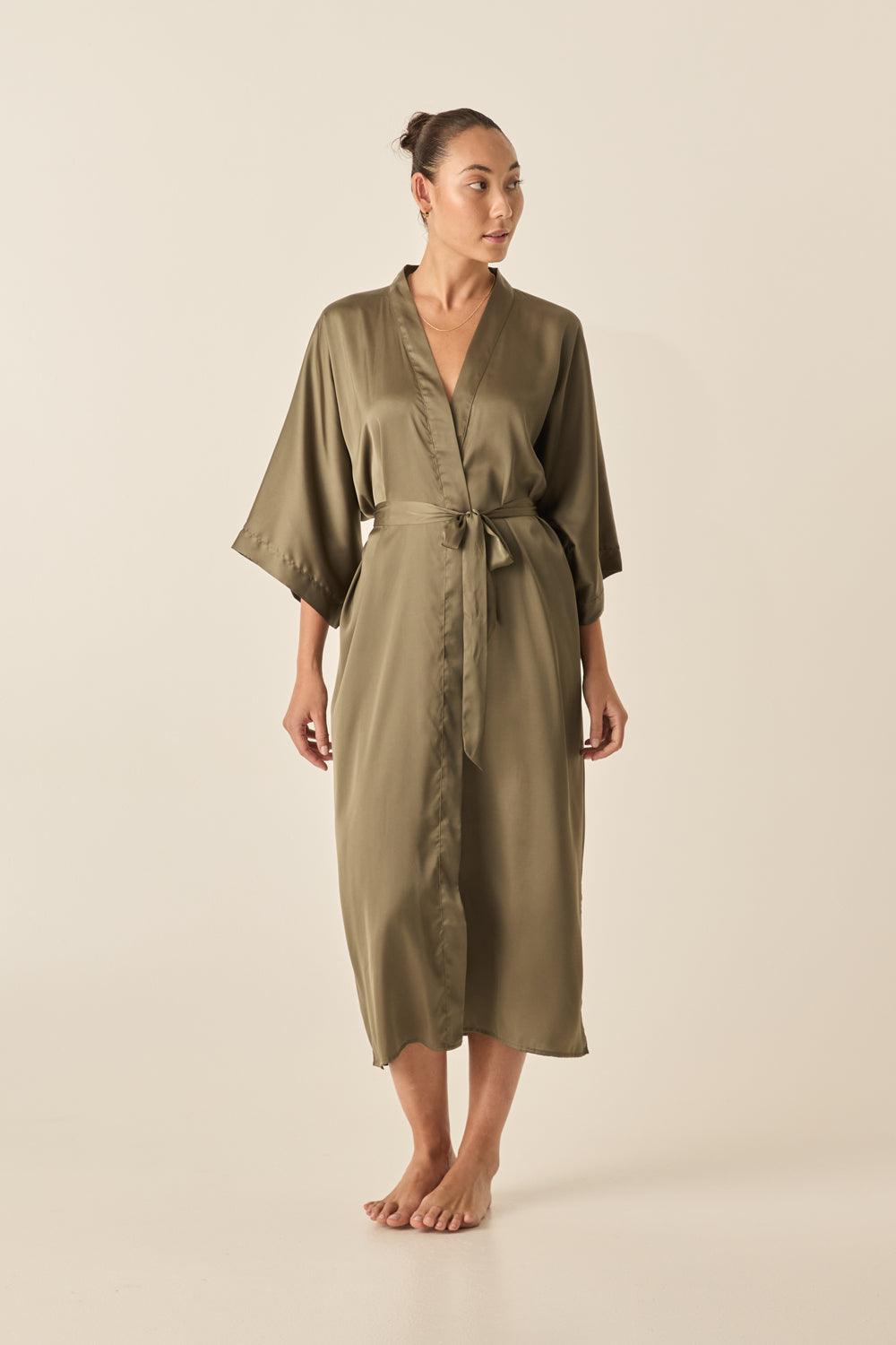 Florence Olive Satin Robe - Gingerlilly Sleepwear
