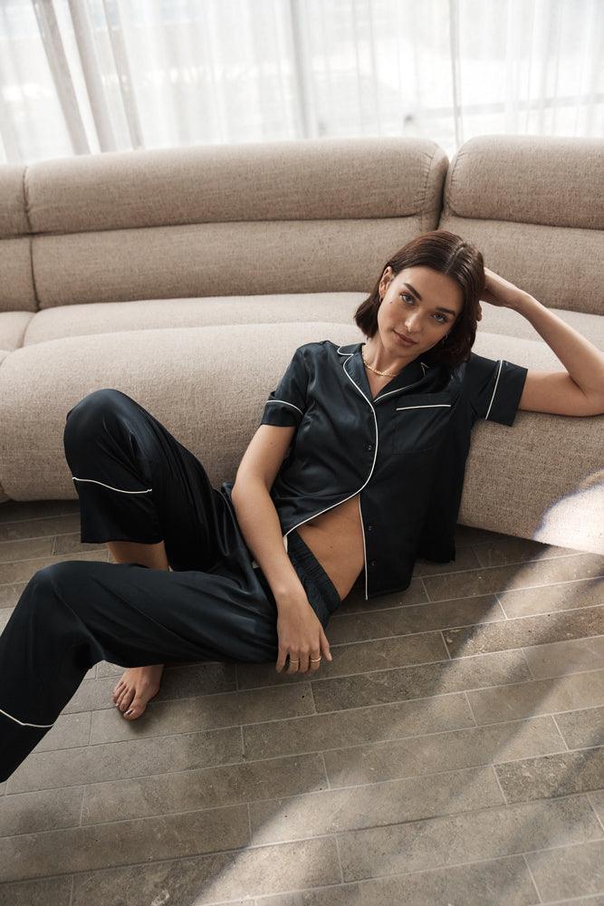 Floriana Navy Satin Pyjama - Gingerlilly Sleepwear