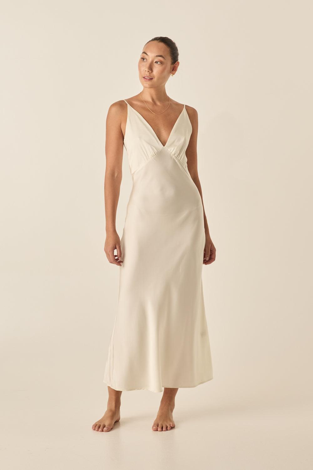 Freda Ivory Satin Long Chemise - Gingerlilly Sleepwear