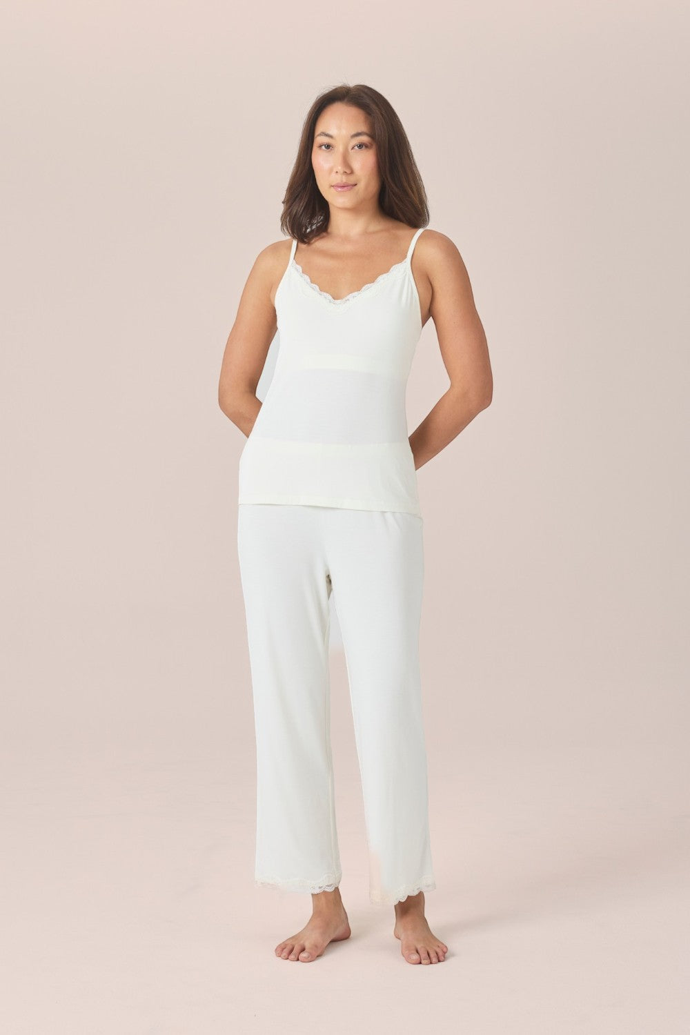 Gingerlilly Sleepwear ecru bamboo cami and wide-leg pant pyjama set with delicate lace trim details.