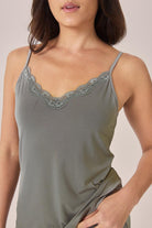 Close-up of the Britt Bamboo Lace Cami Long PJ Set in Olive, showing the lace-trimmed neckline and adjustable straps