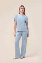 Woman wearing the Bronte Bamboo T-Shirt with Stripe in Blue, front view