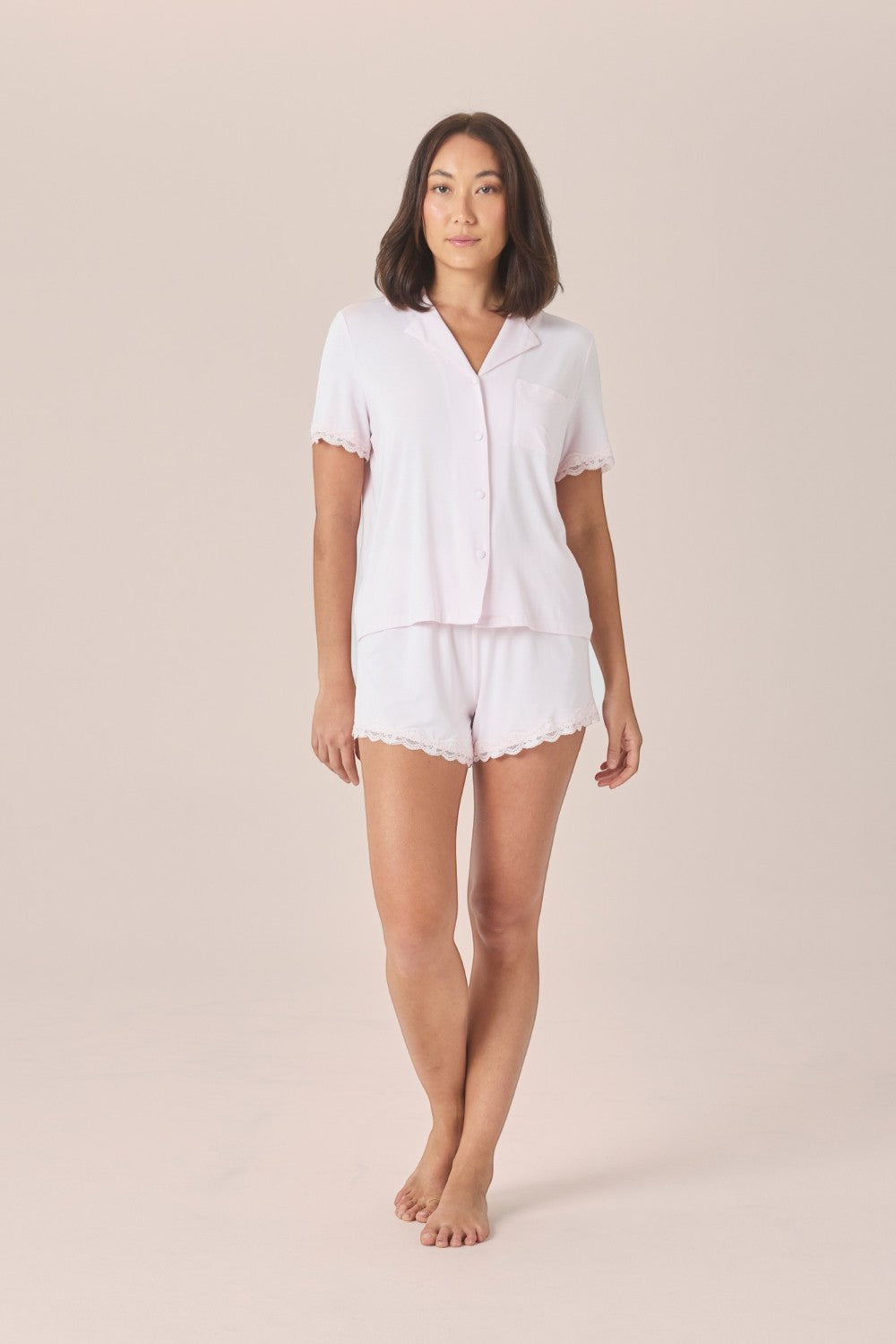 Gingerlilly Joni Bamboo Short Set with Lace - Pink - Front