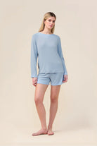 Woman wearing the Pippa Bamboo Shorts with Stripe in Blue, front view