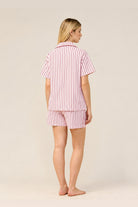 Woman wearing the Poppy Stripe Short PJ Set in Pink, back view