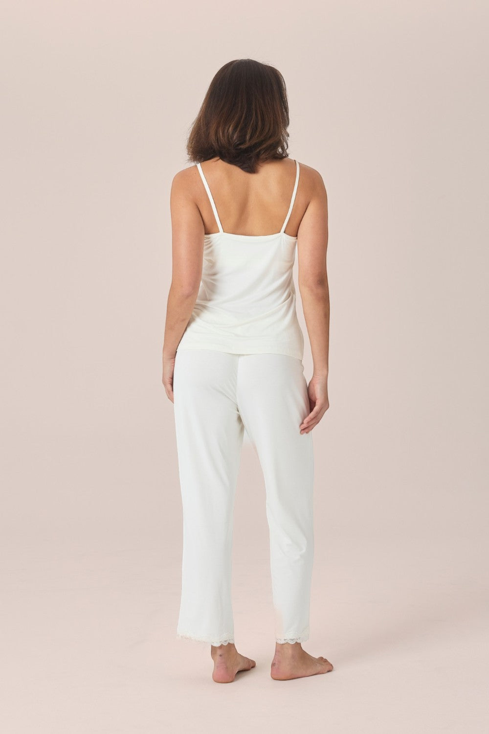 Gingerlilly Sleepwear ecru bamboo cami and long pant pyjama set with lace hem detail, back view.