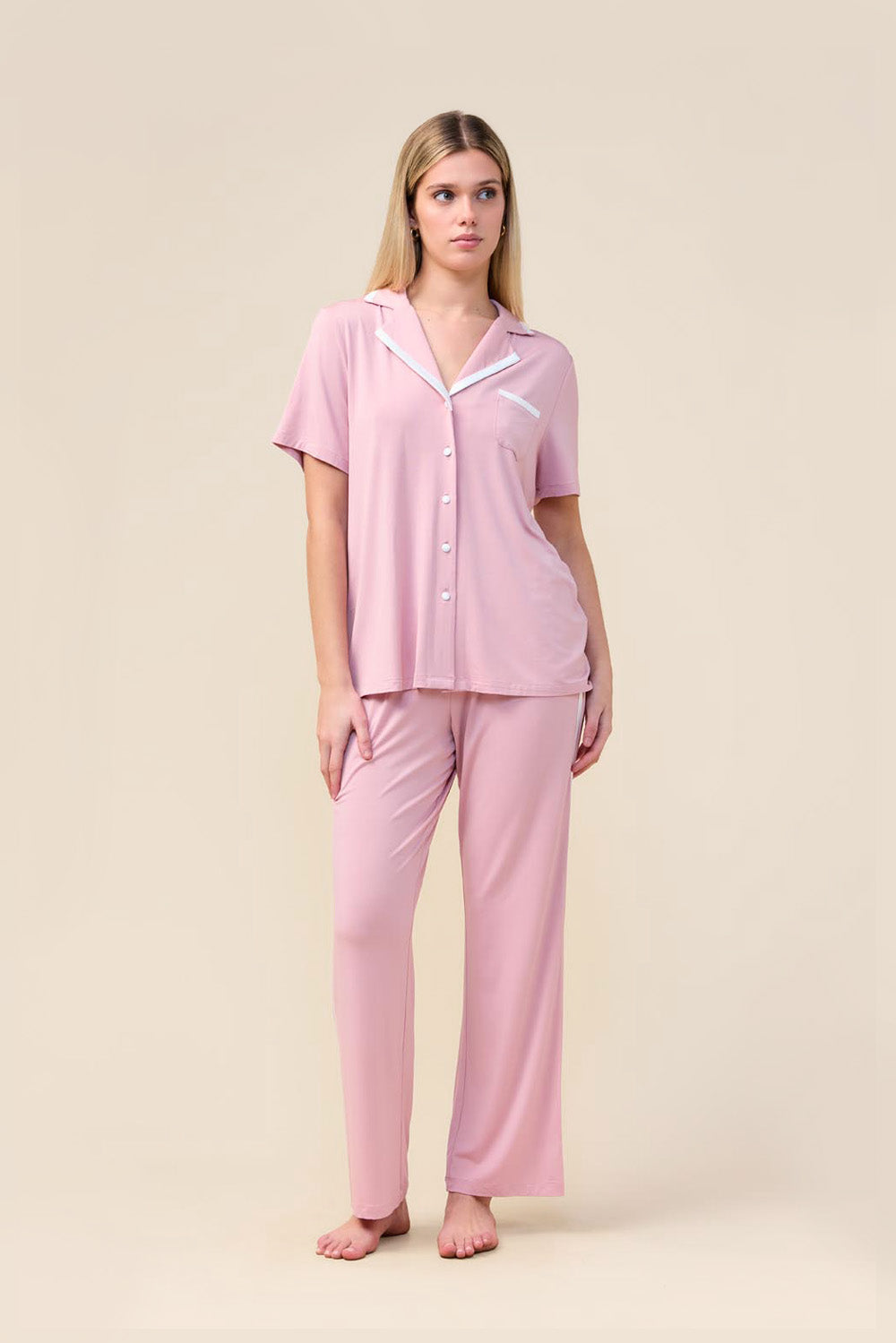 Gingerlilly Vanessa Bamboo Long Pant PJ Set - Pink - Front