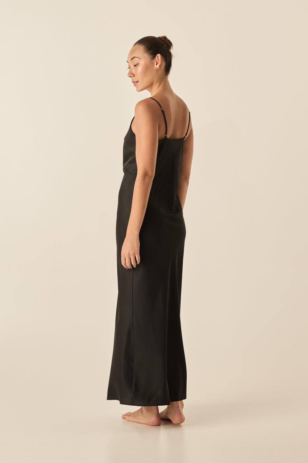 Ilona Black Silky Satin Long Chemise - Gingerlilly Sleepwear