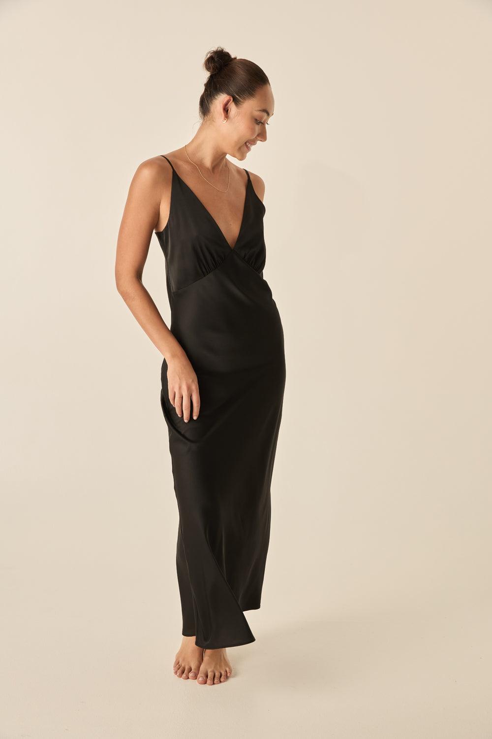 Ilona Black Silky Satin Long Chemise - Gingerlilly Sleepwear