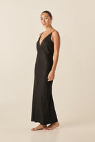 Ilona Black Silky Satin Long Chemise - Gingerlilly Sleepwear