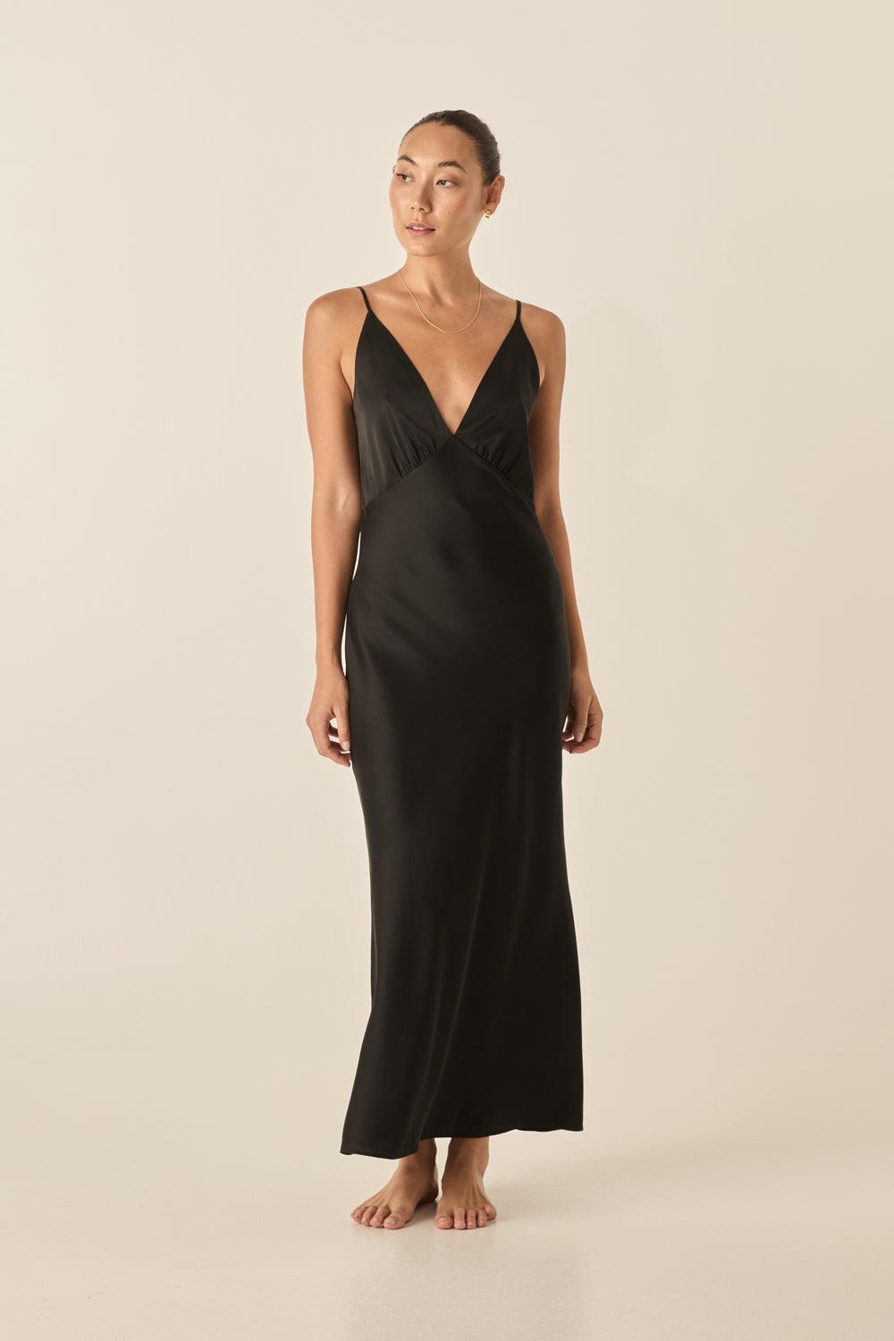Ilona Black Silky Satin Long Chemise - Gingerlilly Sleepwear