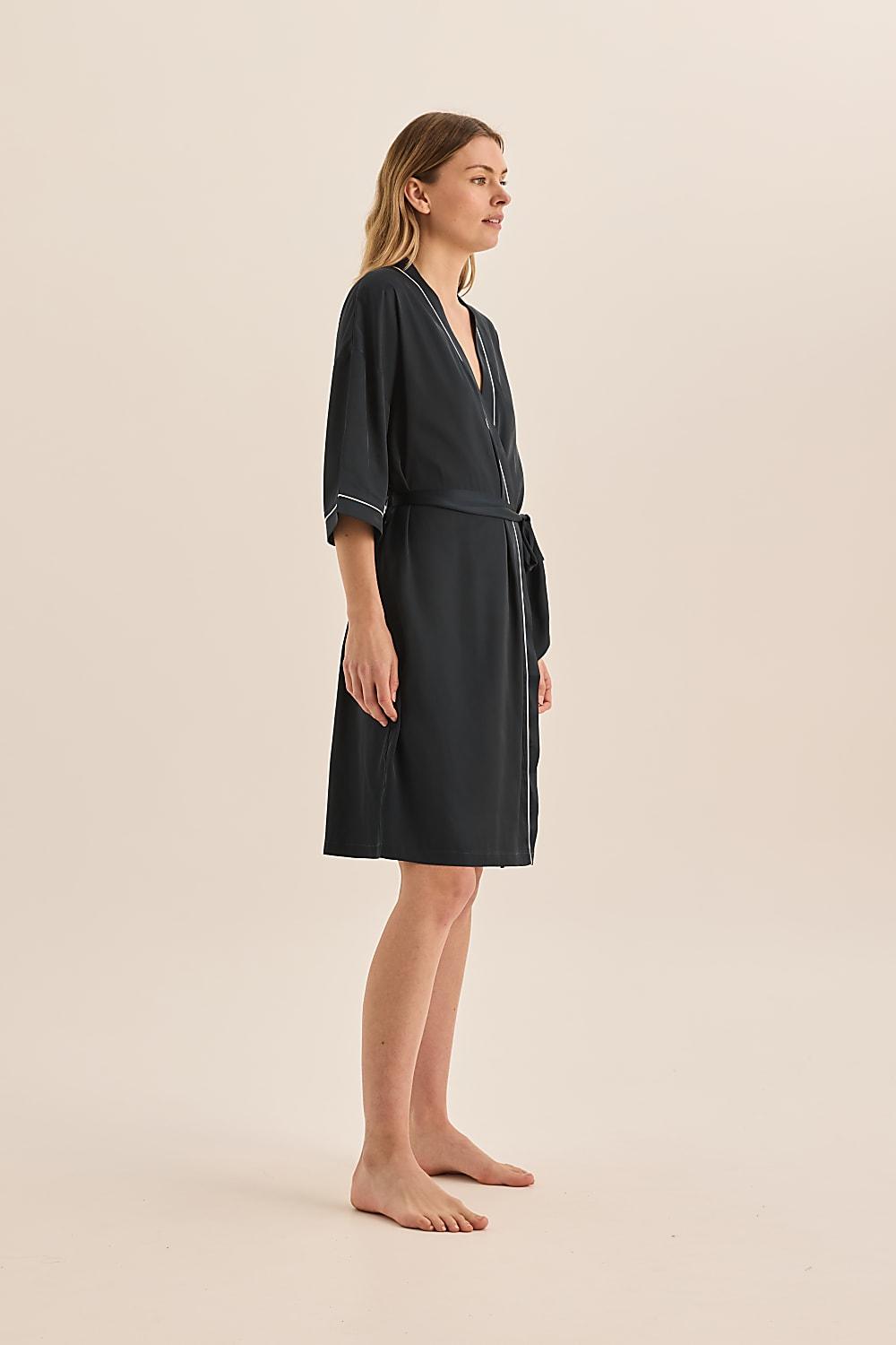 Lacey Navy Satin Robe - Gingerlilly Sleepwear