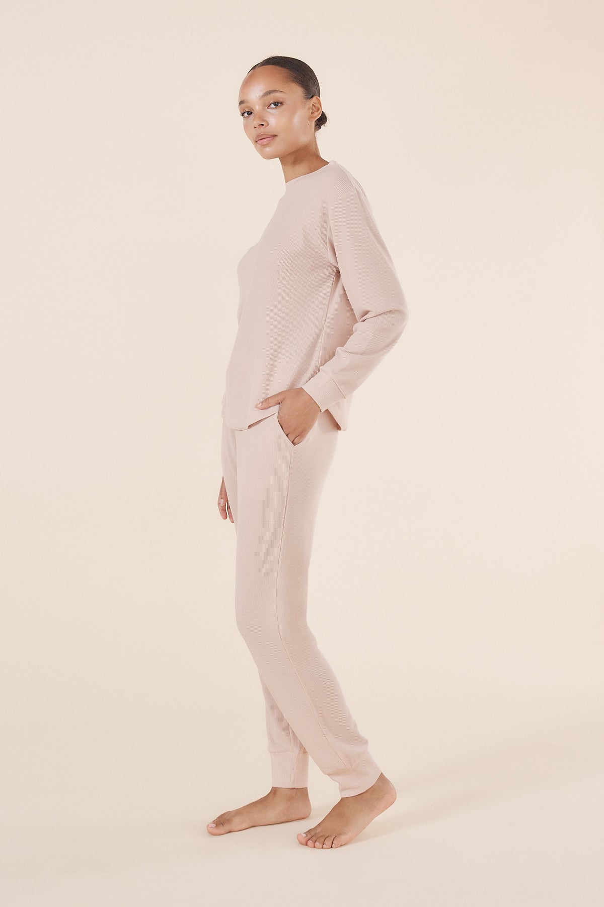 Lainey Beige Waffle Pyjama Set - Gingerlilly Sleepwear