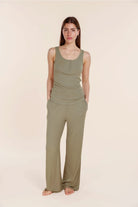 Gingerlilly Liberty Ribbed Singlet Henley Top - Olive - Front