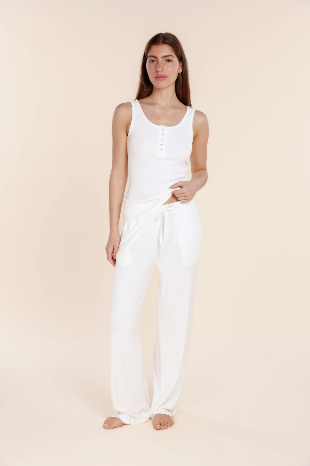 Gingerlilly Liberty Ribbed Singlet Henley Top - White - Front