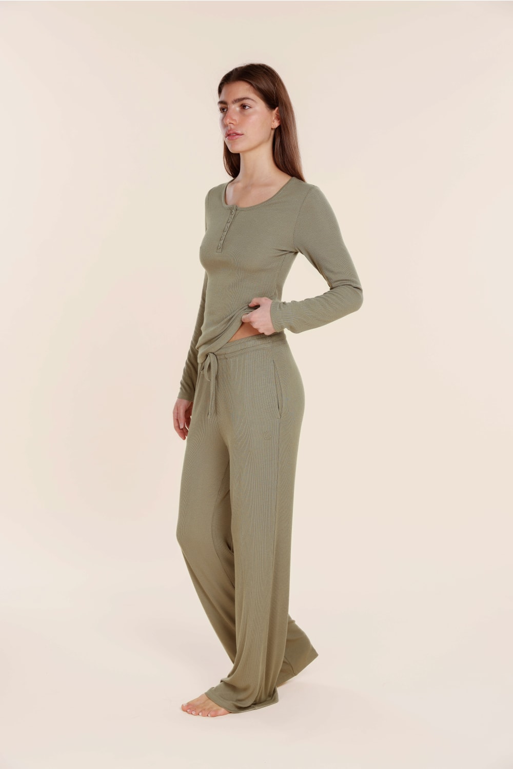 Lille Ribbed Long Sleeve Henley Top - Gingerlilly Sleepwear