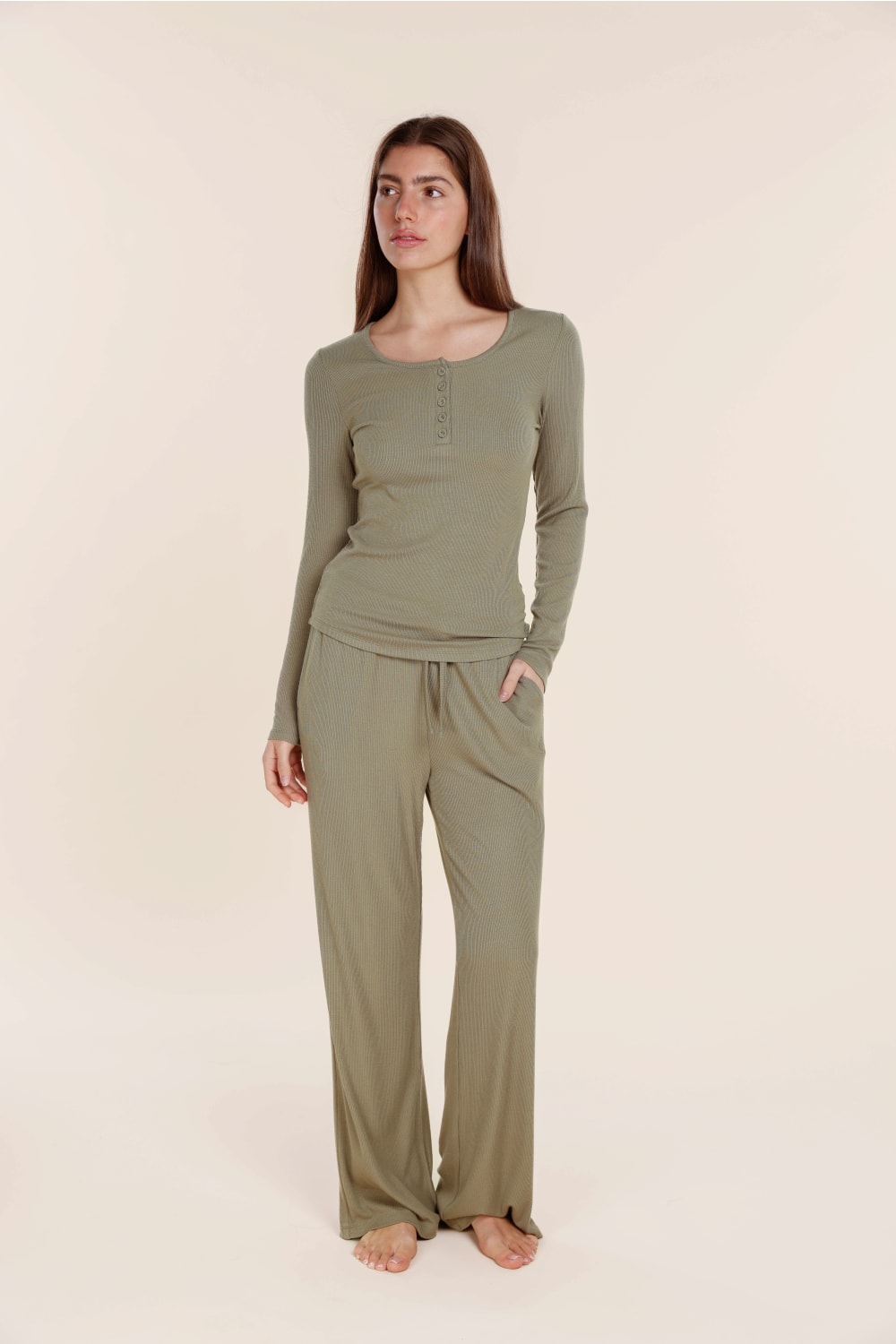 Lille Ribbed Long Sleeve Henley Top - Gingerlilly Sleepwear
