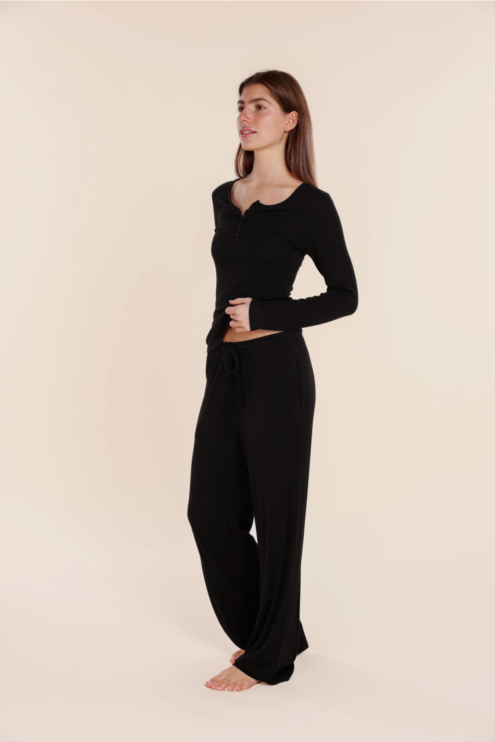 Lille Ribbed Long Sleeve Henley Top - Gingerlilly Sleepwear
