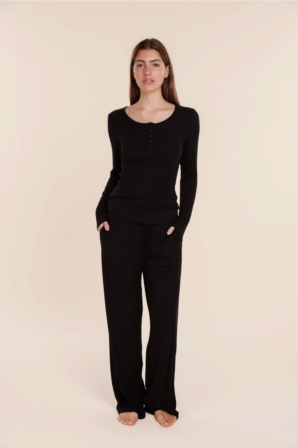 Lille Ribbed Long Sleeve Henley Top - Gingerlilly Sleepwear
