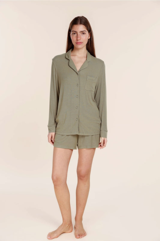 London Ribbed Long Sleeve Button Up Top - Gingerlilly Sleepwear