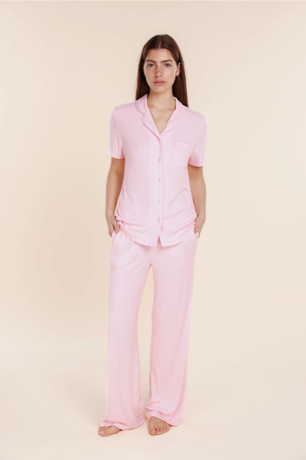 Lyon Ribbed Short Sleeve Button Up Top - Gingerlilly Sleepwear
