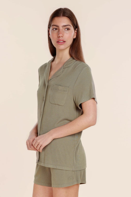 Lyon Ribbed Short Sleeve Button Up Top - Gingerlilly Sleepwear