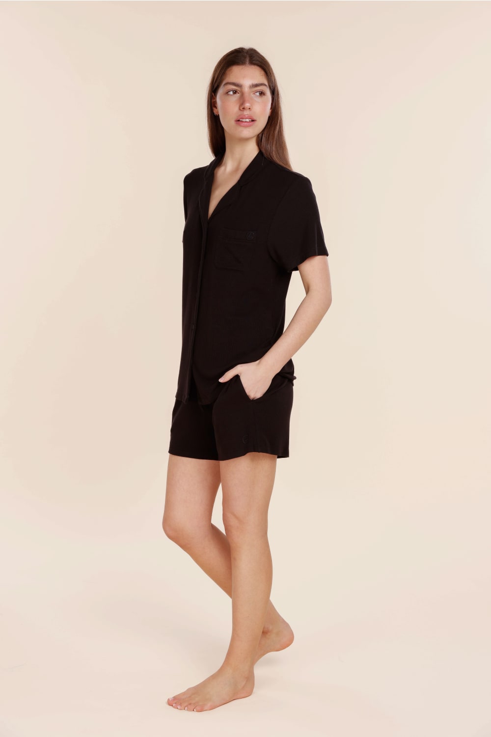 Lyon Ribbed Short Sleeve Button Up Top - Gingerlilly Sleepwear