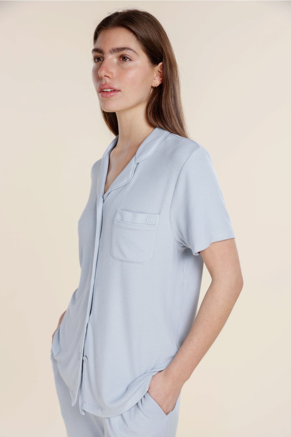 Lyon Ribbed Short Sleeve Button Up Top - Gingerlilly Sleepwear