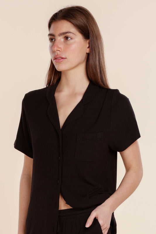 Lyon Ribbed Short Sleeve Button Up Top - Gingerlilly Sleepwear