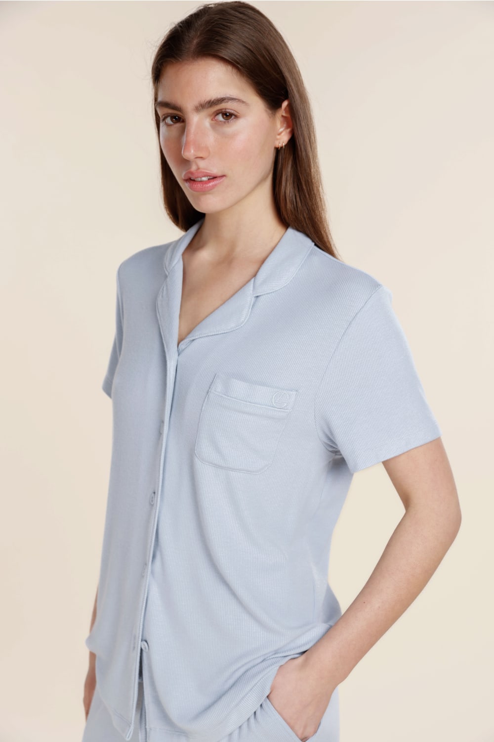 Lyon Ribbed Short Sleeve Button Up Top - Gingerlilly Sleepwear