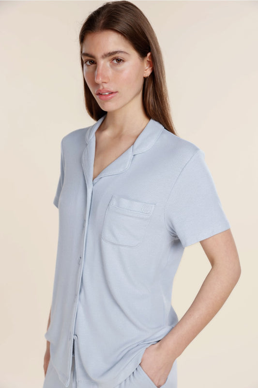 Lyon Ribbed Short Sleeve Button Up Top - Gingerlilly Sleepwear