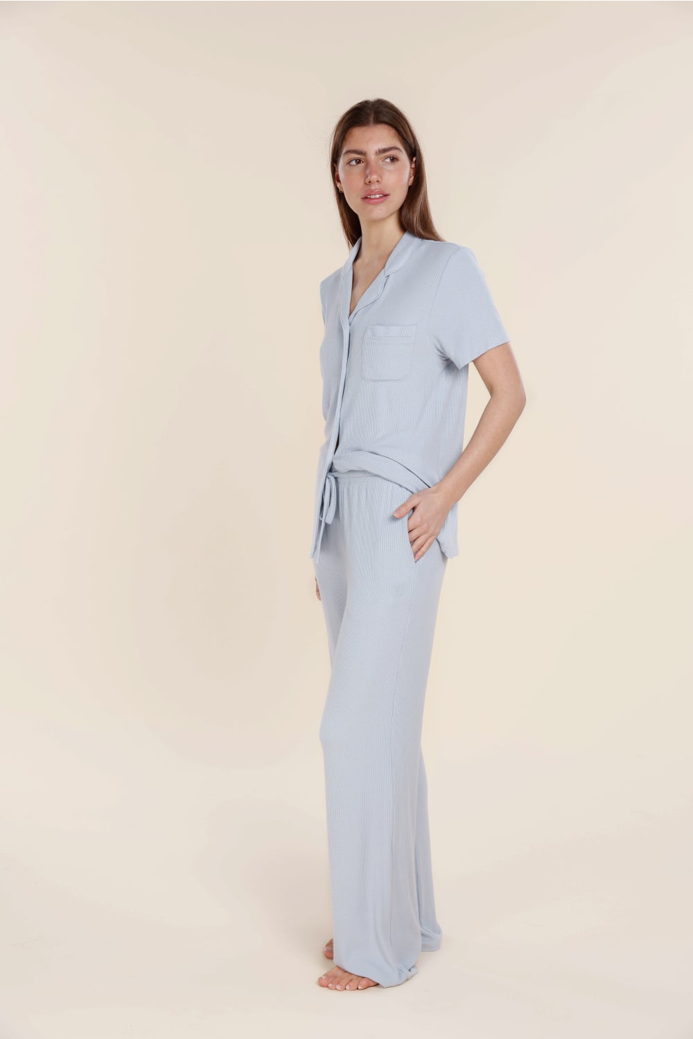 Lyon Ribbed Short Sleeve Button Up Top - Gingerlilly Sleepwear