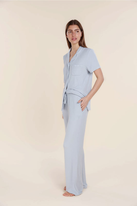 Lyon Ribbed Short Sleeve Button Up Top - Gingerlilly Sleepwear