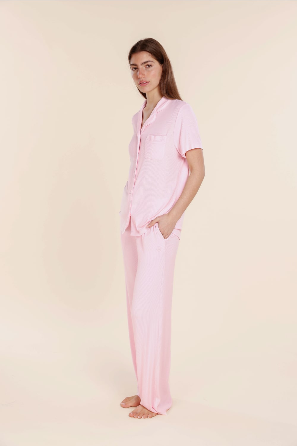 Lyon Ribbed Short Sleeve Button Up Top - Gingerlilly Sleepwear