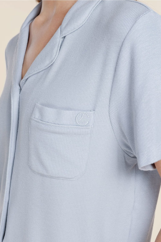 Lyon Ribbed Short Sleeve Button Up Top - Gingerlilly Sleepwear