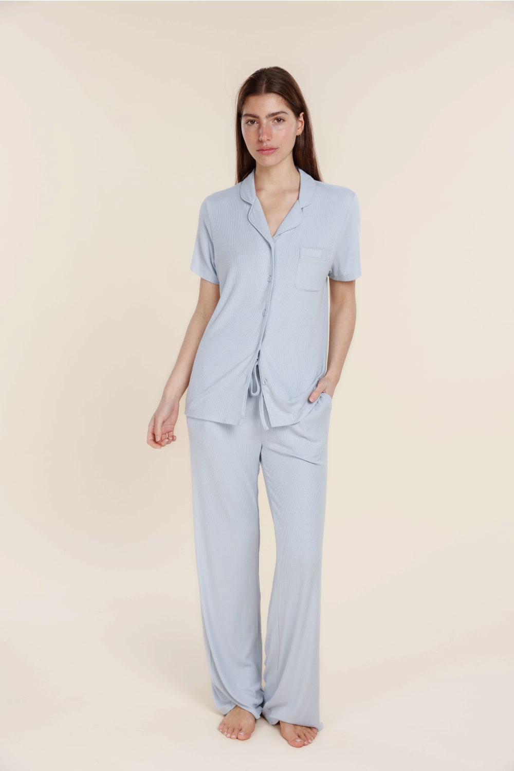 Lyon Ribbed Short Sleeve Button Up Top - Gingerlilly Sleepwear