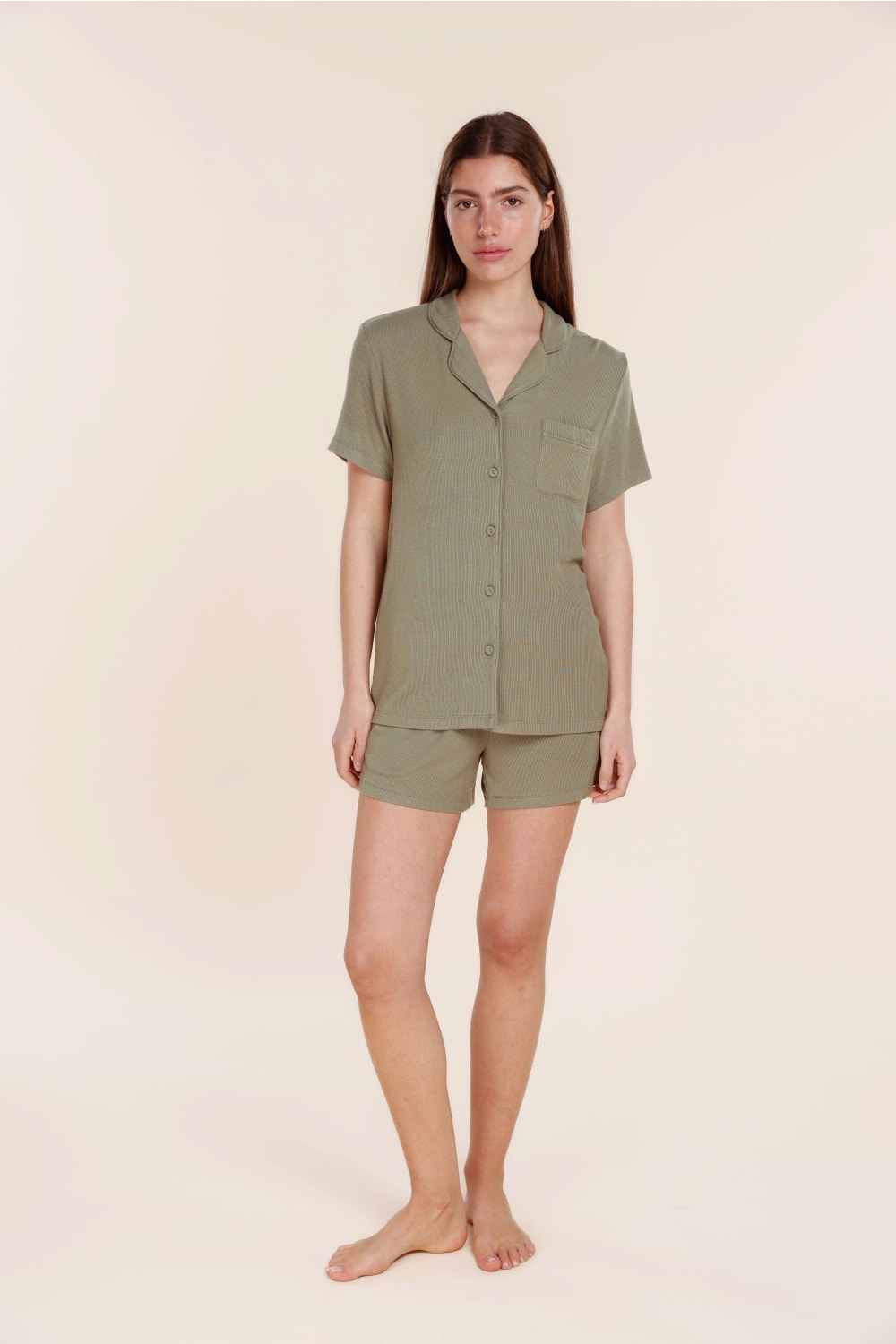 Lyon Ribbed Short Sleeve Button Up Top - Gingerlilly Sleepwear