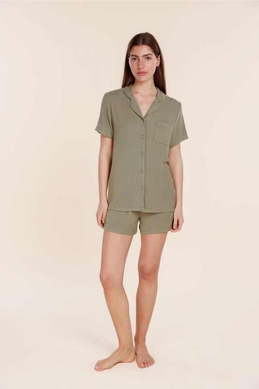 Lyon Ribbed Short Sleeve Button Up Top - Gingerlilly Sleepwear