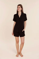 Gingerlilly Lyon Ribbed Short Sleeve Button Up Top - Black - Front
