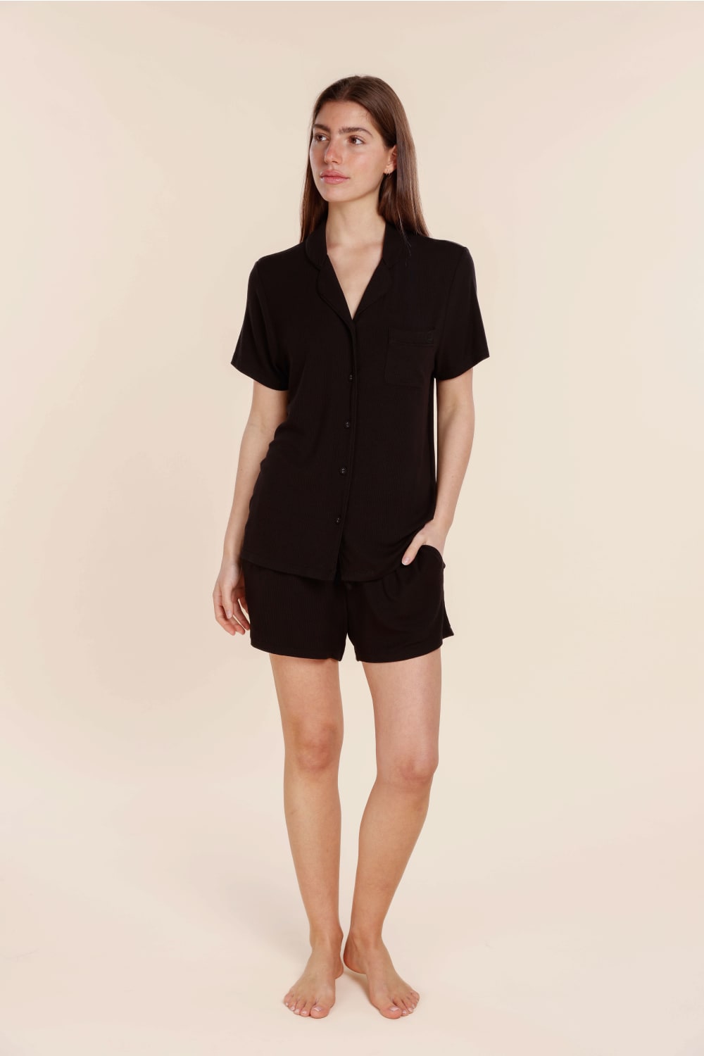 Lyon Ribbed Short Sleeve Button Up Top - Gingerlilly Sleepwear