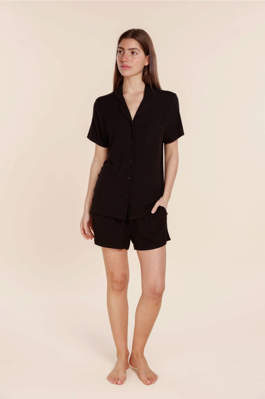 Lyon Ribbed Short Sleeve Button Up Top - Gingerlilly Sleepwear