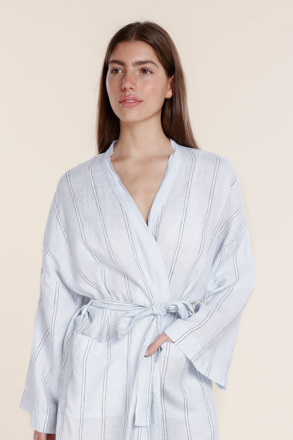 Gingerlilly Rosalind Linen Robe - Blue Stripe - Detail